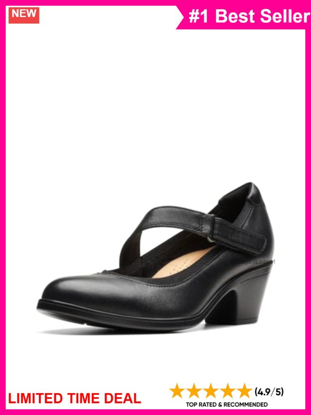 Women's Emily 2 Mabel Pumps Black Leather Block Heel Closed Toe Hook and Loop
